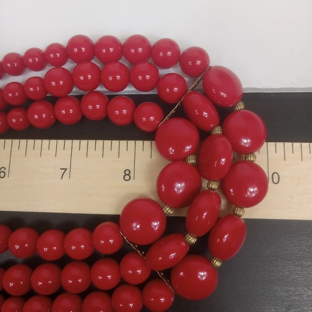 Vintage Red Triple Strand Graduated Bead Necklace with Extender Goldtone Accents